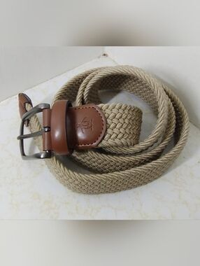 Original Penguin Woven Beige Belt with Brown Leather Trim